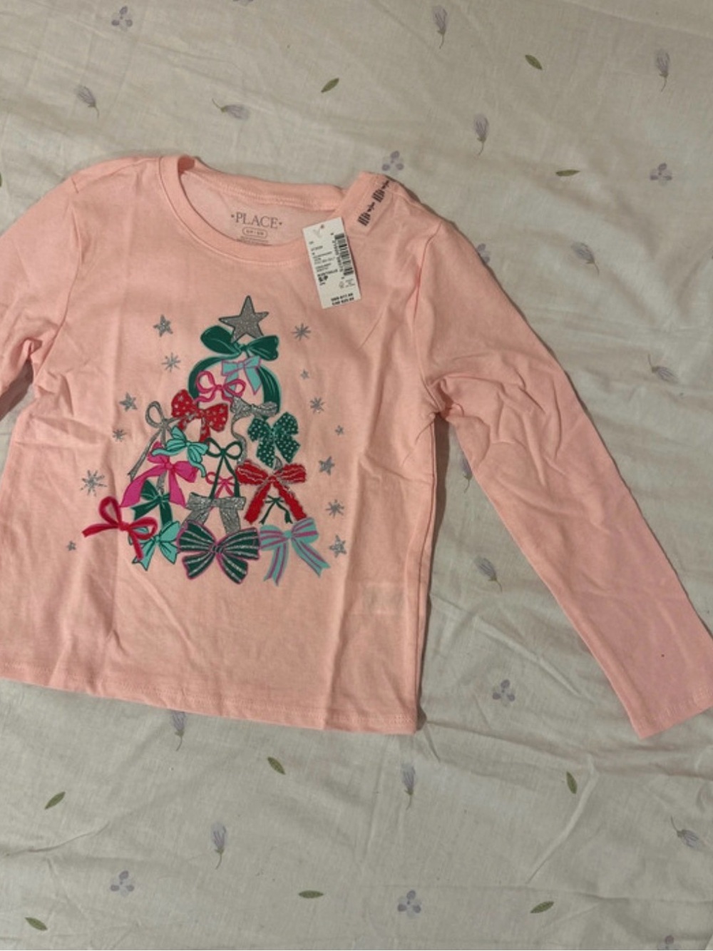 Place Pink Long-Sleeve Tee with Bow Tree Graphic